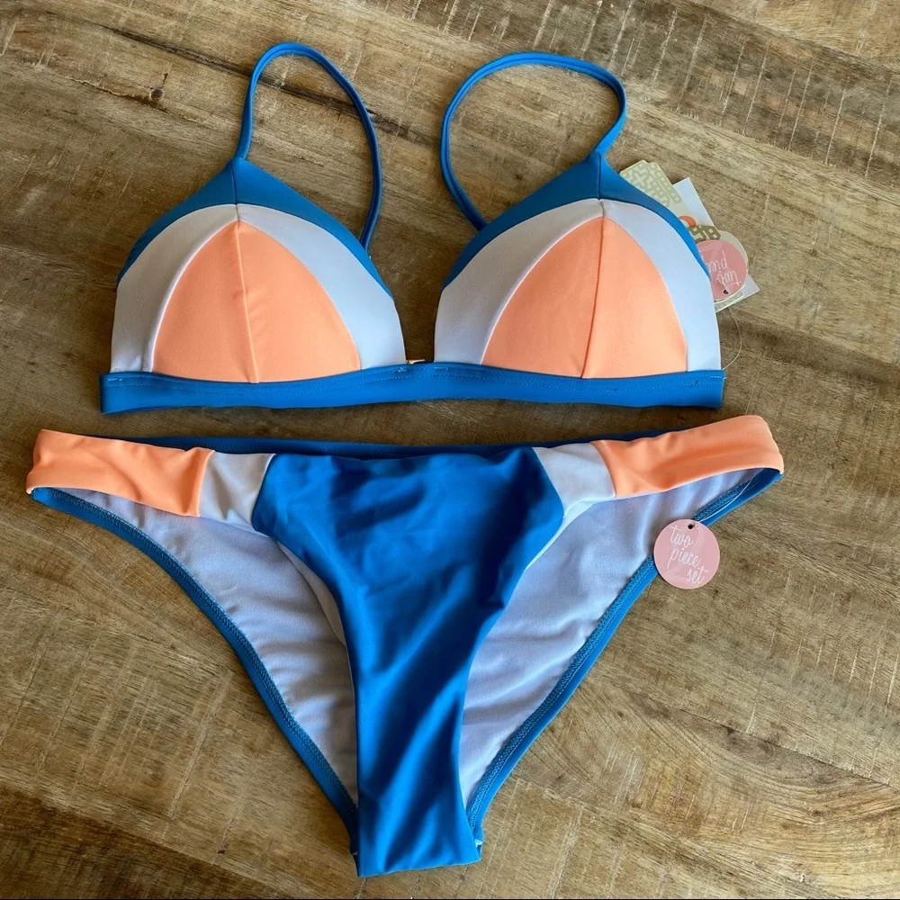 GIANNI BINI GB Two Piece Swimsuit In Colorblock Blue/White/Orange In Size L - Picture 2 of 7
